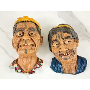 Bust Chinese Asian Oriental Senior Couple Chalkware 6" Wall Decor 80s x2